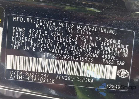 2004 Toyota Camry Se из США, поврежденный, VIN 4T1BE32K94U315125